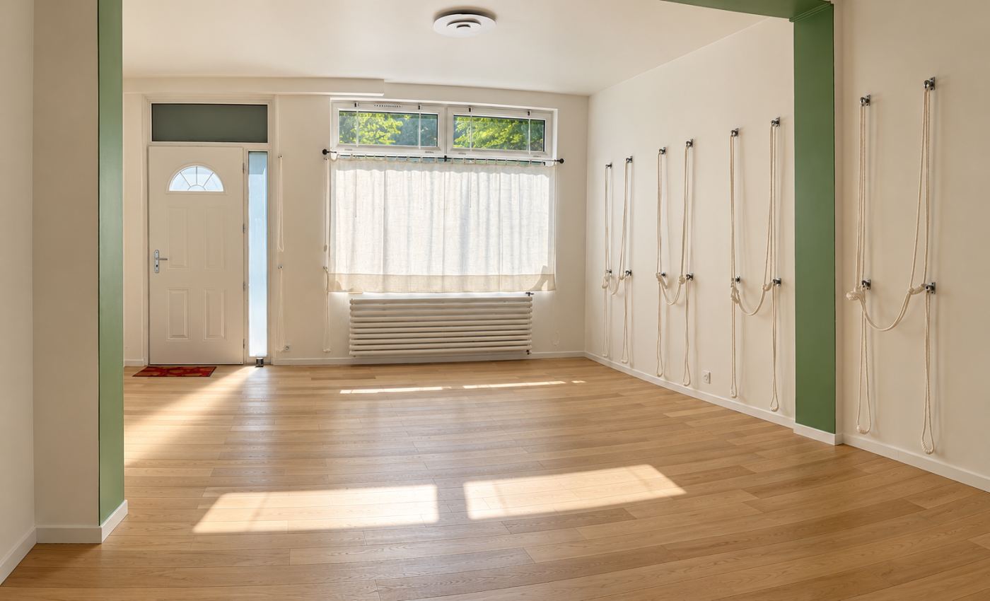 Le studio vide, lumière du matin sur le parquet